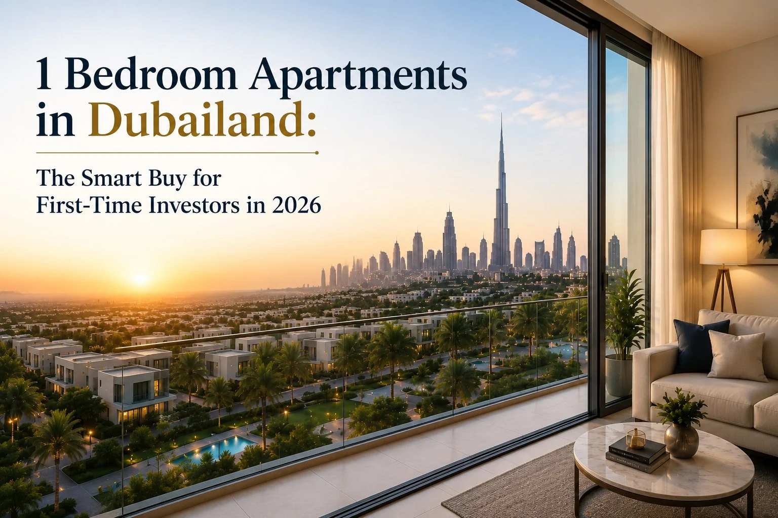 Advertisement for 1-bedroom apartments in DubaiLand with a sunset Dubai skyline and a modern living room view from a balcony; promotes investment in 2026.