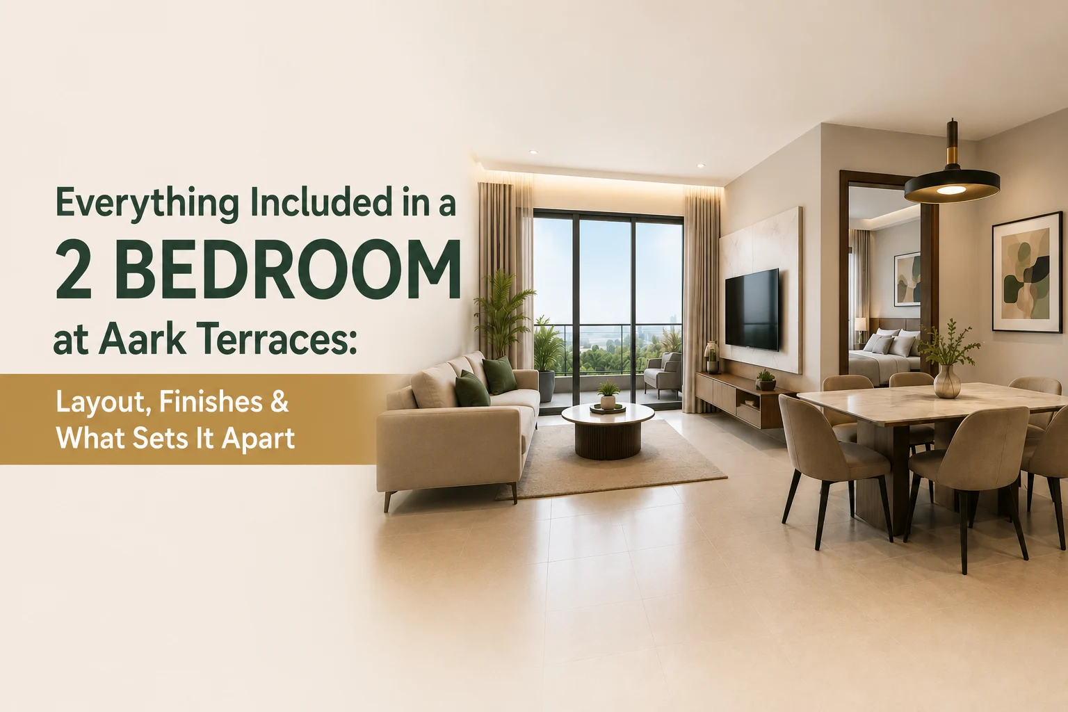 Open-plan living and dining area in a modern apartment with large windows; overlaid text advertises a 2-bedroom at Aark Terraces with layout and finishes details.