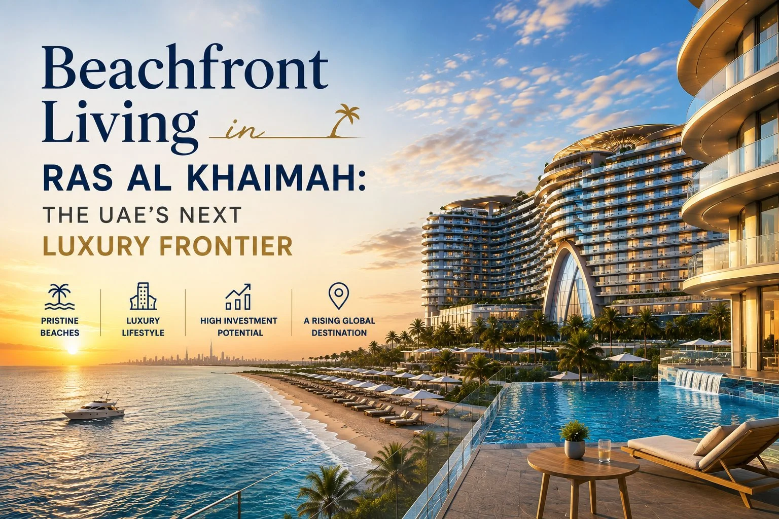 Promotional banner for Ras Al Khaimah beachfront luxury resort showing a curved glass hotel, pool, palm trees and sunset hues. The headline reads Beachfront Living in Ras Al Khaimah: The UAE’s Next Luxury Frontier (advertisement).
