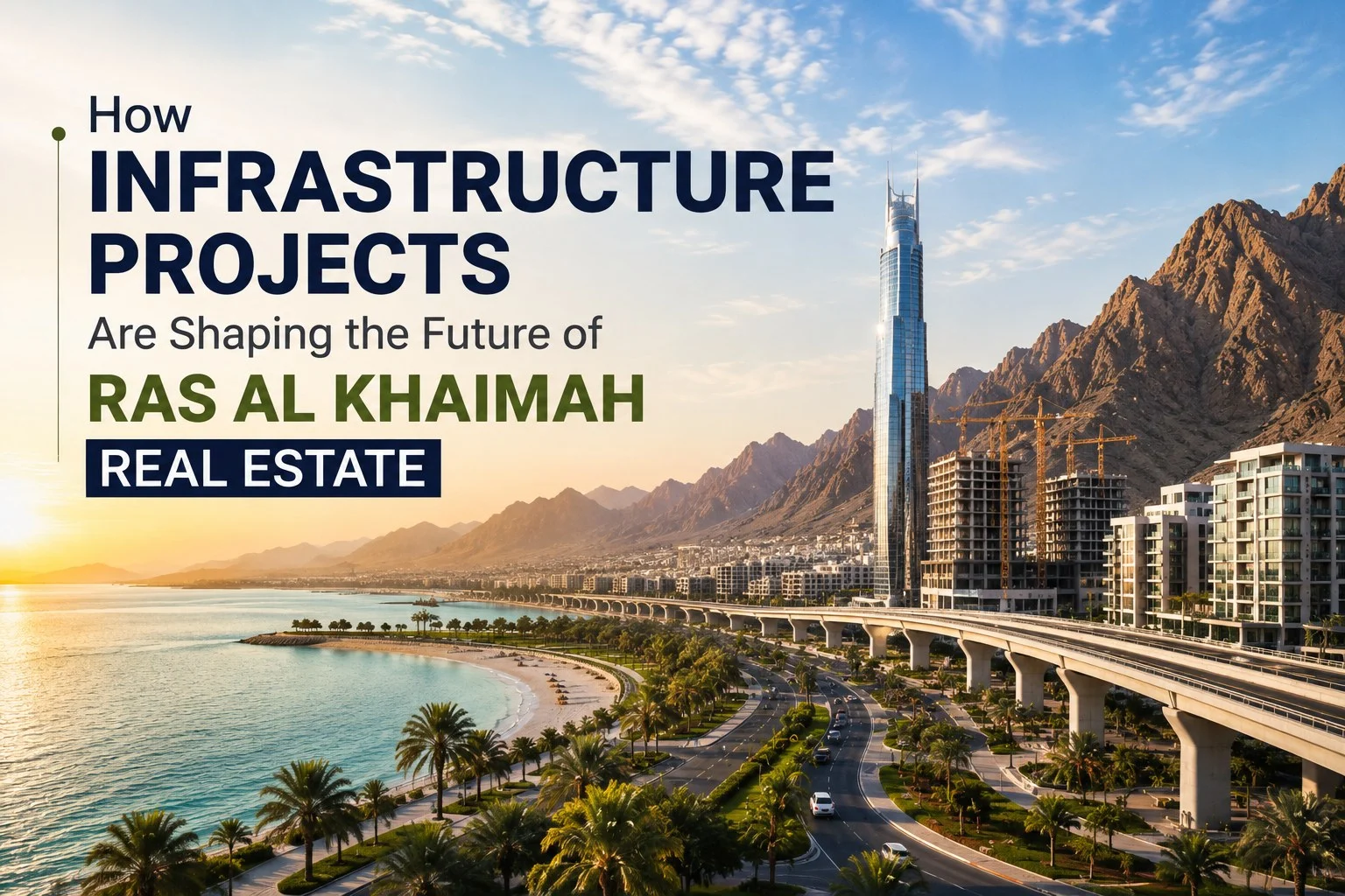 How Infrastructure Projects Are Shaping the Future of Ras Al Khaimah Real Estate - Aark Developers Promotional banner showing coastal cityscape with high-rise buildings and mountains, promoting Ras Al Khaimah real estate and infrastructure projects.